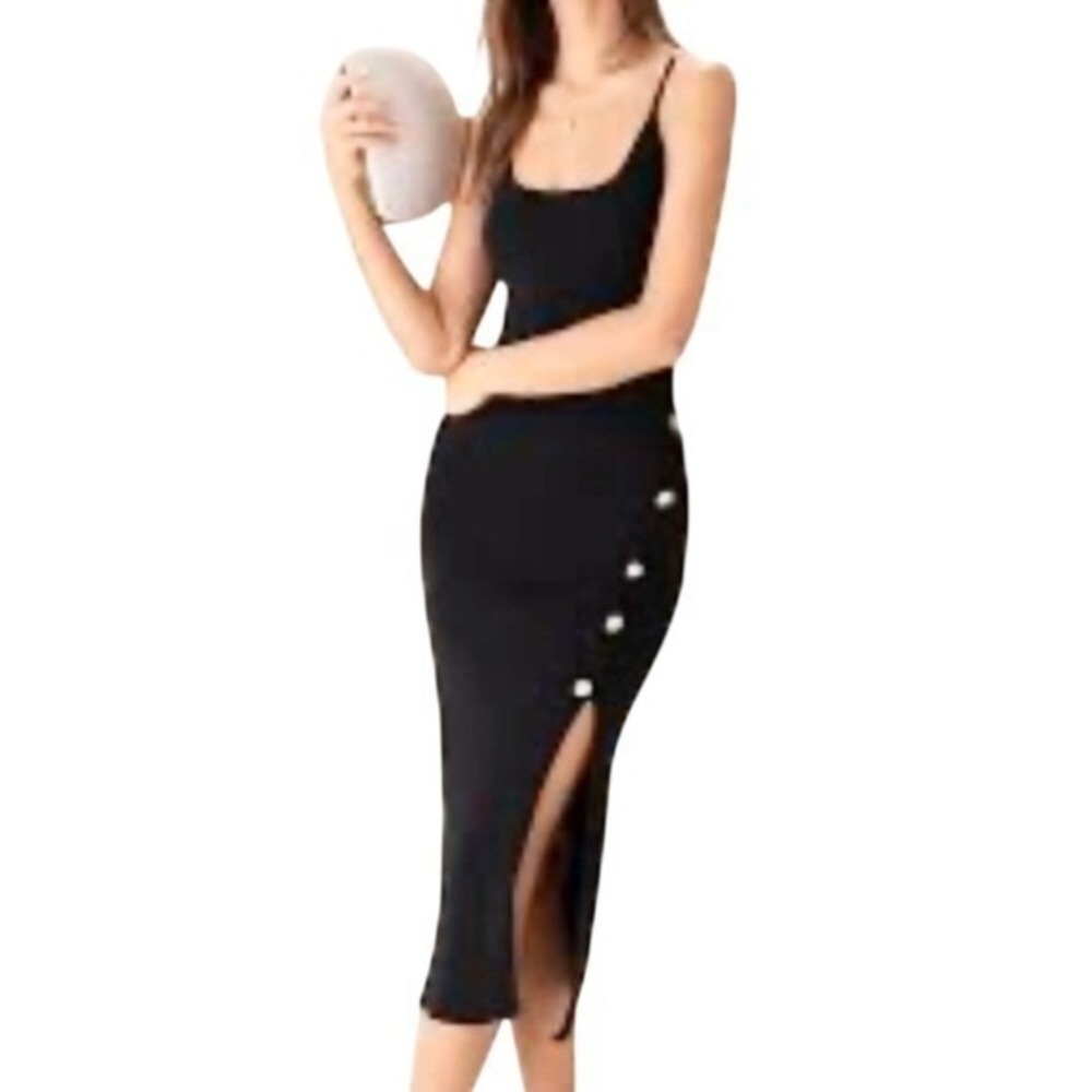 Hera Collection Ribbed Button Slit Midiβ Dress Womens M Black